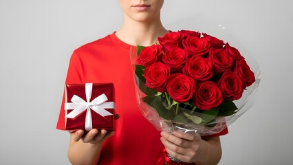 Person in red shirt holding a beautiful bouquet of red roses and a small red gift box with white ribbon.