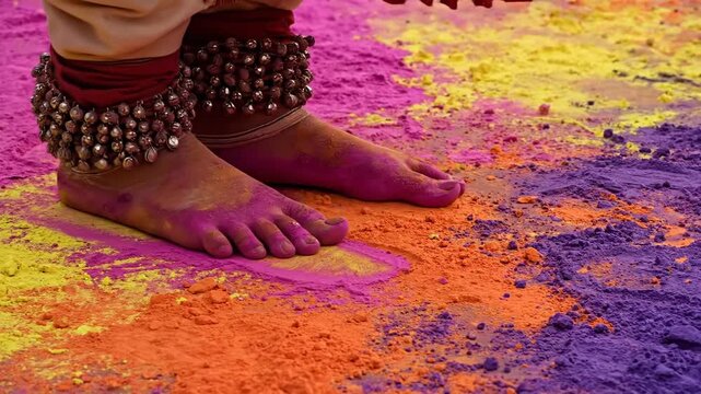 Close-up of bare feet wearing ghungroo anklets standing on vibrant, colorful gulal powder during the happy holi festival.