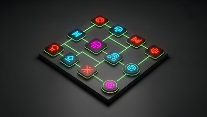 Abstract Tech Grid With Neon Icons