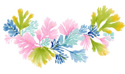 Lilly pulitzer style painting of a floating seaweed in pastel lime green, pink and blue with patterns