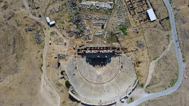 IERAPOLIS in Denizli, bird's-eye view, TURKEY, August 13, 2024: Ancient city of Ierapolis near Pamukkale, surrounded by nature and mountains. Phrygian period. UNESCO.4K