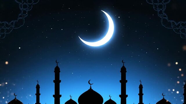 high quality Eid al Fitr background animation elegant festive Islamic night glowing crescent moon mosque silhouettes warm floating light particles refined geometric patterns smooth cinematic motion cl