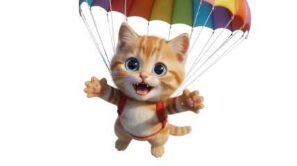 Cute orange tabby kitten with big blue eyes parachuting with a colorful rainbow parachute isolated on transparent background