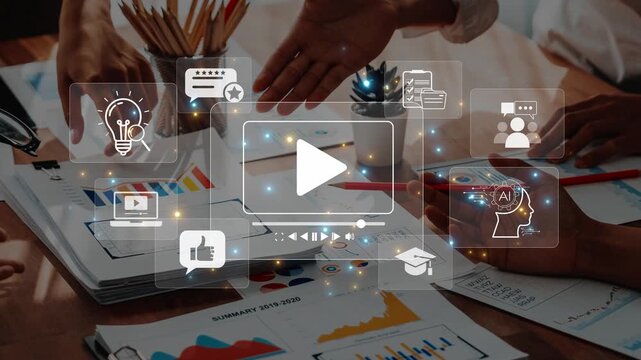 A collaborative business meeting scene showcasing teamwork and modern technology. Hands interact over documents with digital tools representing communication and strategy. Raster - Powered by Adobe