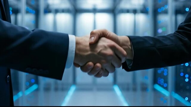 Successful Business Agreement Handshake Between Professionals in Data Center Symbolizing Partnership, Collaboration, and Technology Success