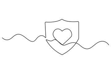 Continuous one line drawing of shield with heart and caring hand concept
