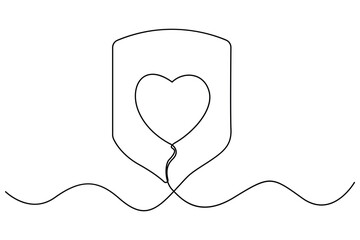 Continuous one line drawing of shield with heart and caring hand concept
