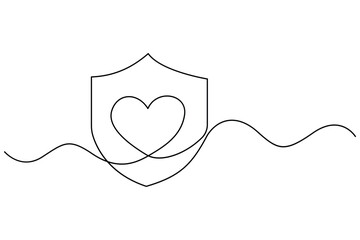 Continuous one line drawing of shield with heart and caring hand concept
