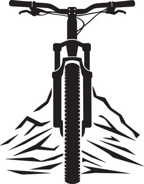 Black and white silhouette of a mountain bike front wheel and handlebars with jagged mountain peaks behind it.