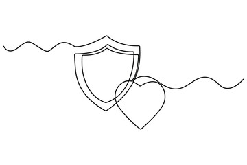 Continuous one line drawing of shield with heart and caring hand concept

