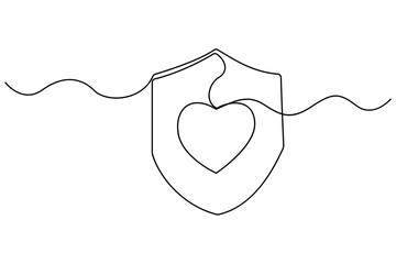 Continuous one line drawing of shield with heart and caring hand concept
