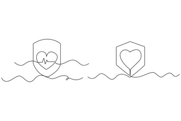 Continuous one line drawing of shield with heart and caring hand concept
