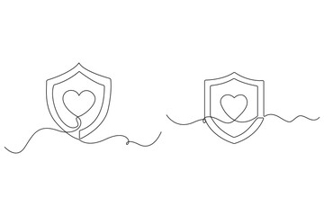 Continuous one line drawing of shield with heart and caring hand concept
