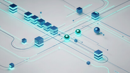 A series of blue cubes are interconnected by glowing blue lines and dots on a gray surface, showcasing a futuristic and technological concept with a 3d rendered appearance and layered details.