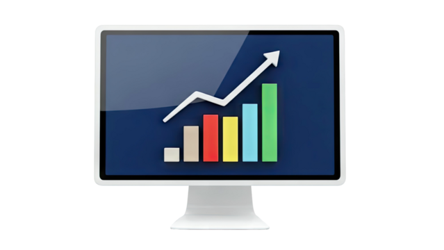 Computer monitor displaying a growth chart with an upward trending arrow - Powered by Adobe