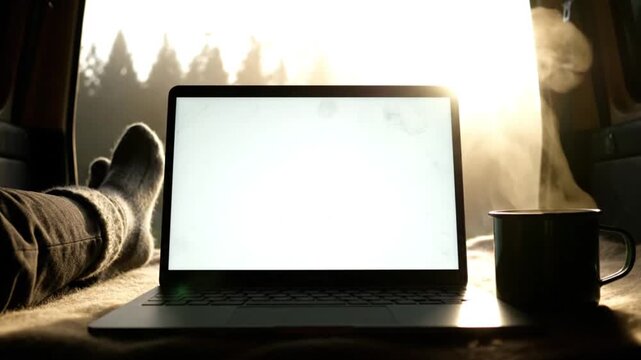 Digital Nomad Laptop Mockup in Camper Van, Cozy Forest Sunrise Morning