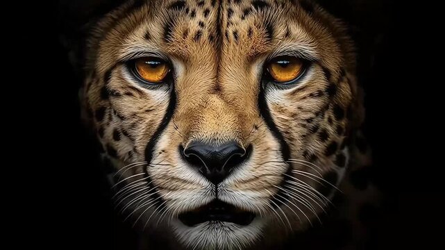 Majestic Cheetah Portrait: Close-up Face with Intense Orange Eyes Isolated on Black Background