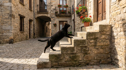 Elegant Black Cat Walking Up Old Stone Steps in Europe