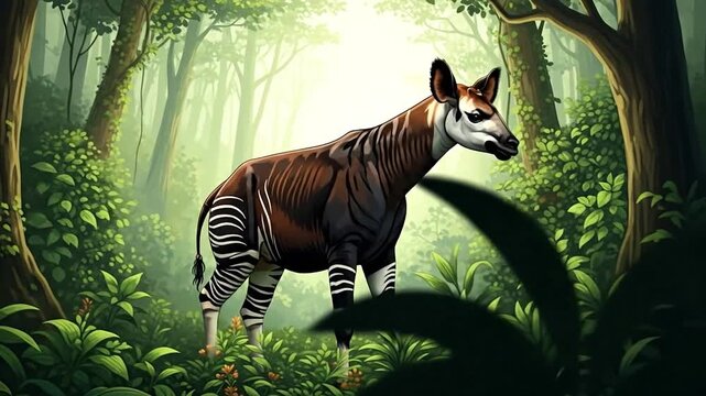 Okapi emerging from lush greenery in vibrant forest with intriguing movement.