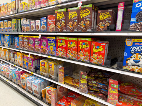 Supermarket Breakfast Cereal Aisle With Colorful Brand Displays