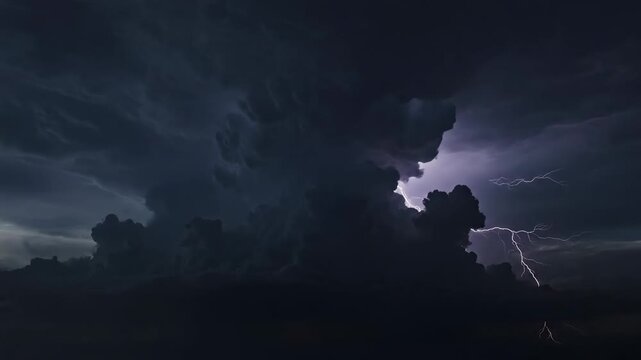 Towering dark cumulonimbus looms over a flat horizon, crackling with purple lightning veins at night