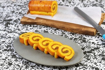 Slice Pineapple Roll Cake or Bolu Gulung Nanas, Thin Cake Rolled with PIneapple Jam 