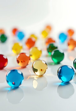 Clear bright colorful water gel balls scattered on white reflective surface macro photography with shallow depth of field