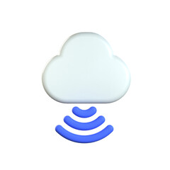 Minimalist 3D illustration of a glossy white cloud with blue radio waves underneath symbolizing wireless cloud computing and network infrastructure