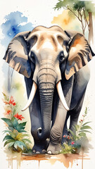 大自然の中を歩くタイの象　水彩画風イラスト