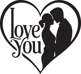 A loving couple's silhouette embracing within a heart shape with 'love you' text