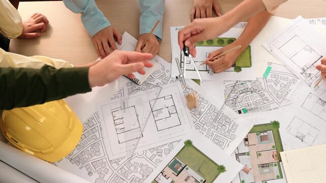Architect and safety engineer discussion about building construction use blueprint on table with architectural document, measurement tool and wooden block scatter around at modern office. Delineation.