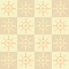 folk suns of hand drawn pixels. warm colors. vector seamless pattern. repetitive background. modern decorative art. geometric fabric swatch. continuous textile design. ebroidery template