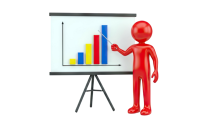 3D Red Figure Presenting Bar Chart on Whiteboard