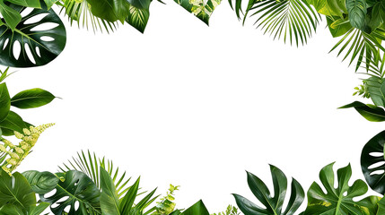 Fototapeta premium A vibrant tropical green leaves frame with monstera, palm, and fern leaves. Ideal for nature-themed designs, backgrounds, or botanical projects, showcasing lush foliage and exotic greenery.