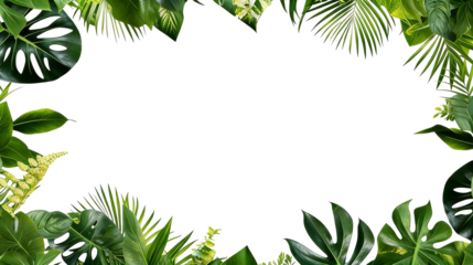 A vibrant tropical green leaves frame with monstera, palm, and fern leaves. Ideal for nature-themed designs, backgrounds, or botanical projects, showcasing lush foliage and exotic greenery.