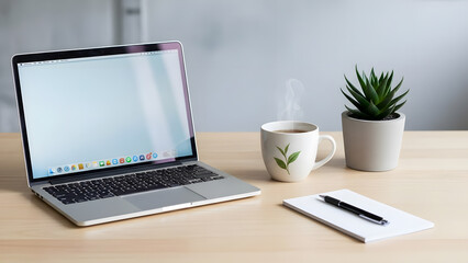 A minimalist wooden desk featuring a laptop a cup of hot tea and a notebook