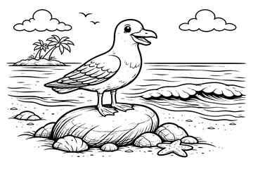 Fototapeta premium Happy Cartoon Seagull on a Beach Coloring Page with Palm Trees and Ocean Waves, Black and White Line Art Illustration for Kids Activity Books