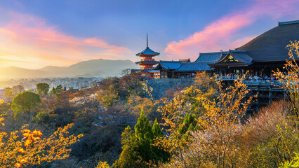 Kiyomizu temple at sunset in Kyoto, Japan.