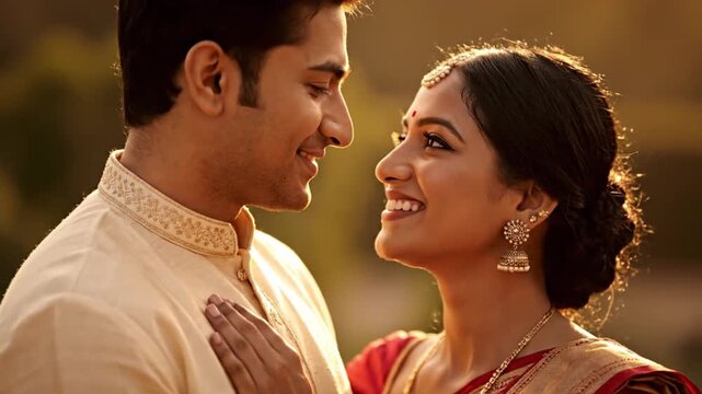 traditional Indian love scene couple smiling warmly woman in vibrant saree man in kurta embracing softly from behind cultural grace emotional closeness soft lighting cinematic composition shallow dept