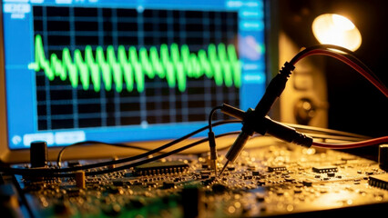 A detailed electronic circuit board with various components and wires is connected to a probe, displaying a green waveform signal on a computer screen, used for testing and measurement purposes.