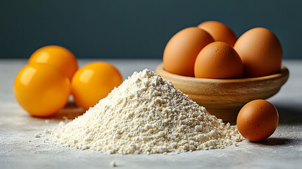 Mixing flour and eggs for baking in a kitchen setup with raw ingredients on a table