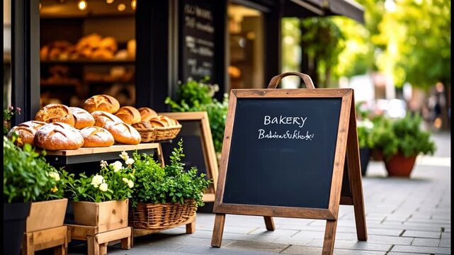 Bakery exterior displaying bread loaves and chalkboard signage