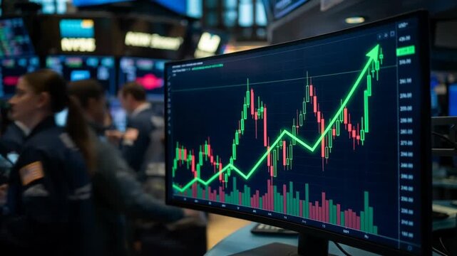Stock market tech business metrics visualization on computer screen showing upward trend graph and growth chart with people working in background