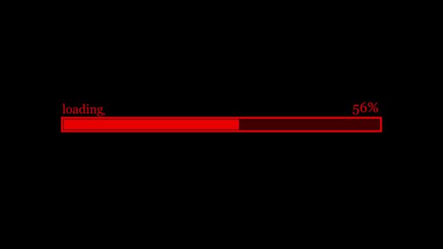 Red loading bar with 0-100 percent progress on black background. Loading bar and percentage Futuristic progress loading bar 0-100 percent animation.