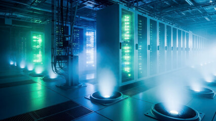 A large data center facility with rows of server cabinets and ventilation grates emitting mist, featuring metal grating on the floor and glowing green lights.