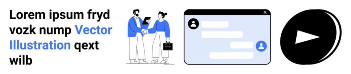 Fototapeta premium Business collaboration, online messaging, content creation, digital interface, multimedia communication, teamwork. Two professionals in conversation, messaging window play button. Business