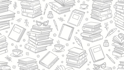 Seamless Pattern of Books, Glasses, Inkwells and Coffee Cups - Doodle Style