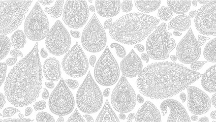 Seamless Paisley Pattern, Abstract Ornate Droplet Shapes, White and Grey Sketch Background