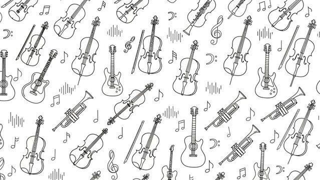 Seamless Pattern of Musical Instruments and Notes Hand-Drawn Sketch Style