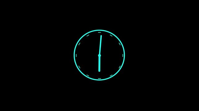 Cyan analog clock face with hands on black background. Clock icon flat style 24 hours day fast speed with moving timer clock rotation